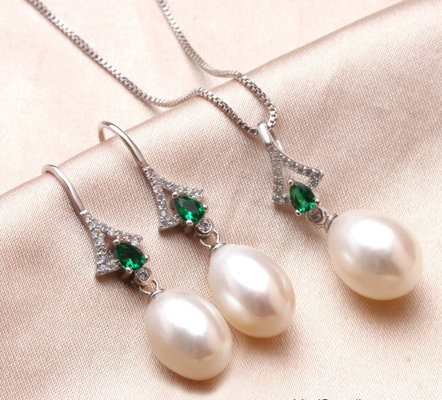 Women’s Green Stones 925 Silver Pearls Jewelry 3 pcs Set - Wnkrs