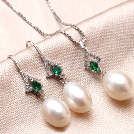 Women’s Green Stones 925 Silver Pearls Jewelry 3 pcs Set - Wnkrs