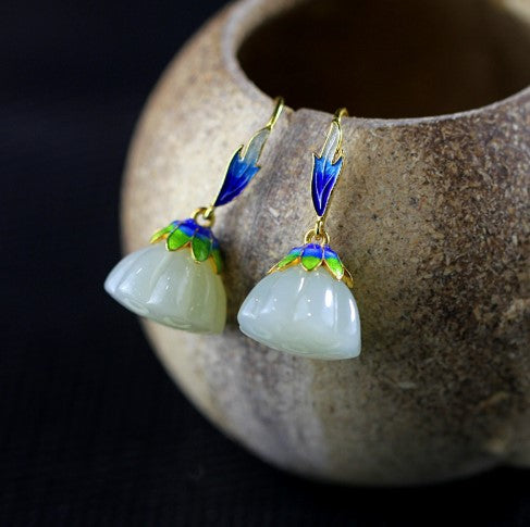 White Jade Flower Enamel Earrings - wnkrs