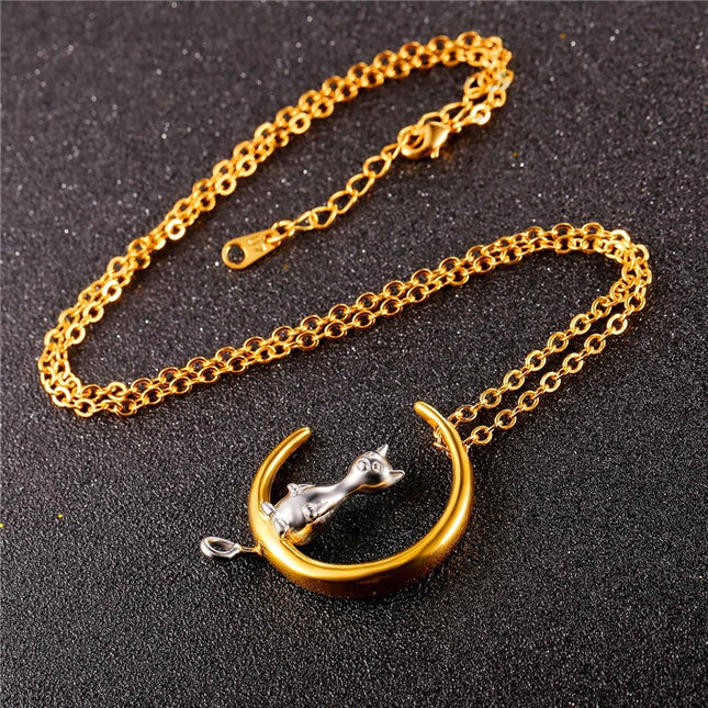 Charming Cat & Moon Shaped Steel Women's Necklace - wnkrs