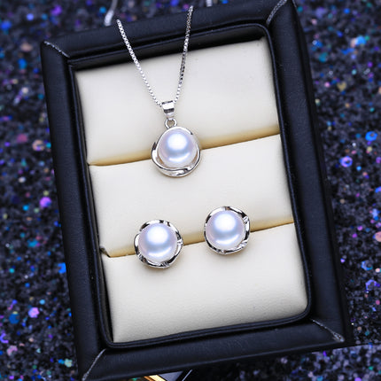 Women’s Classic Round Shaped 925 Silver Pearls Necklace and Earrings Jewelry 3 pcs Set - Wnkrs