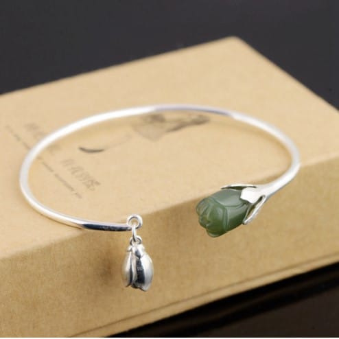 Jade Tulip Sterling Silver Bangle Bracelet - Wnkrs