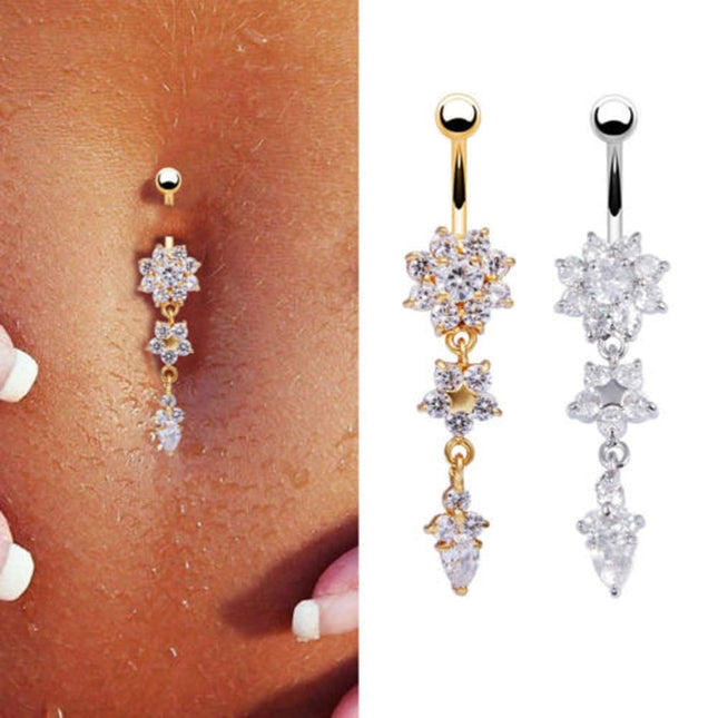 Dangle Flower Design Belly Piercing with Crystals - Wnkrs