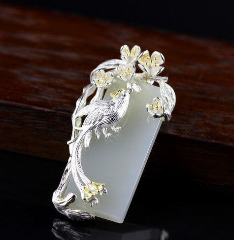 Natural White Jade Silver Peacock Pendant - wnkrs