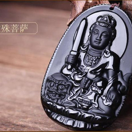 Black Obsidian Carved Buddha Pendant Necklace - Wnkrs