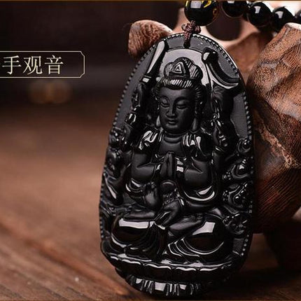 Black Obsidian Carved Buddha Pendant Necklace - Wnkrs