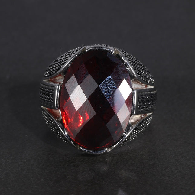 Men's Pure 925 Sterling Silver Ring with Red Stone - Wnkrs