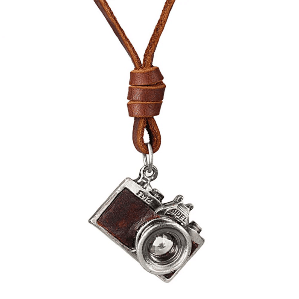 Leather Necklace for Men with Camera Shaped Pendant