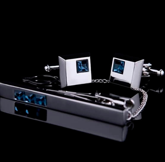 Blue Crystal Cufflinks and Necktie Clip Set - Wnkrs