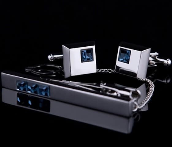 Blue Crystal Cufflinks and Necktie Clip Set - Wnkrs