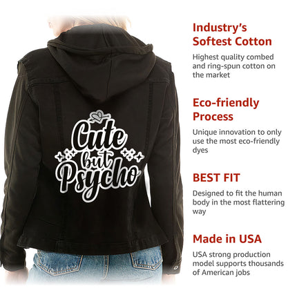 Cute but Psycho Ladies Denim Jacket with Fleece Hoodie - Cool Women's Denim Jacket - Cute Design Denim Jacket - Wnkrs