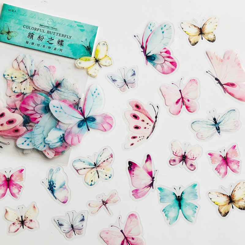 Gradient Pink / Green Butterfly PVC Adhesive Stickers 40 pcs Set