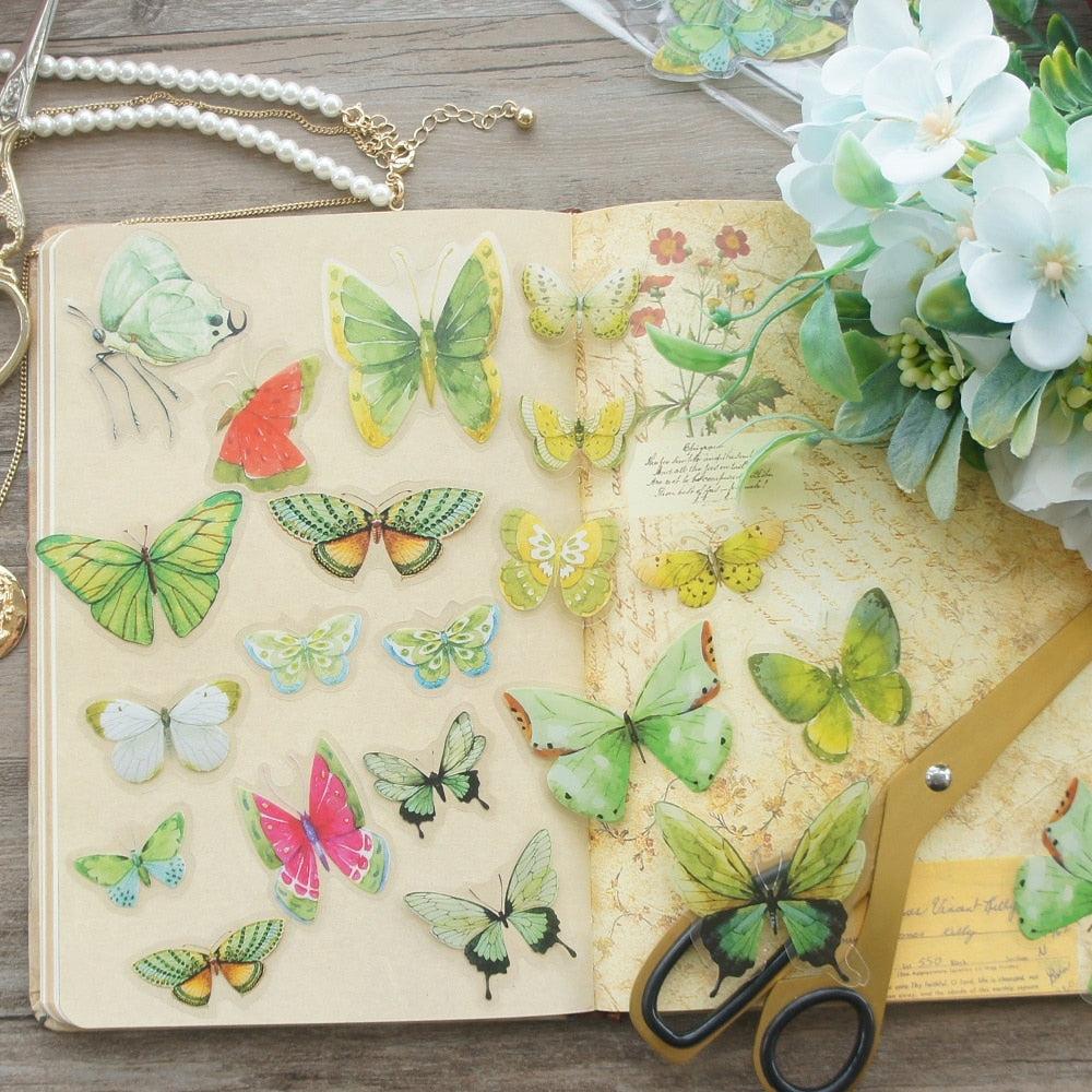 Watercolor Green / Yellow Butterfly PVC Stickers 38 pcs Set
