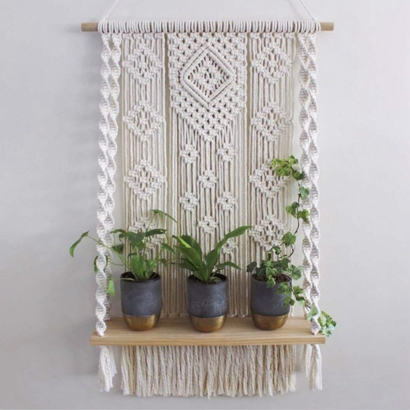 Geometric Cotton Wall Tapestry with Shelf