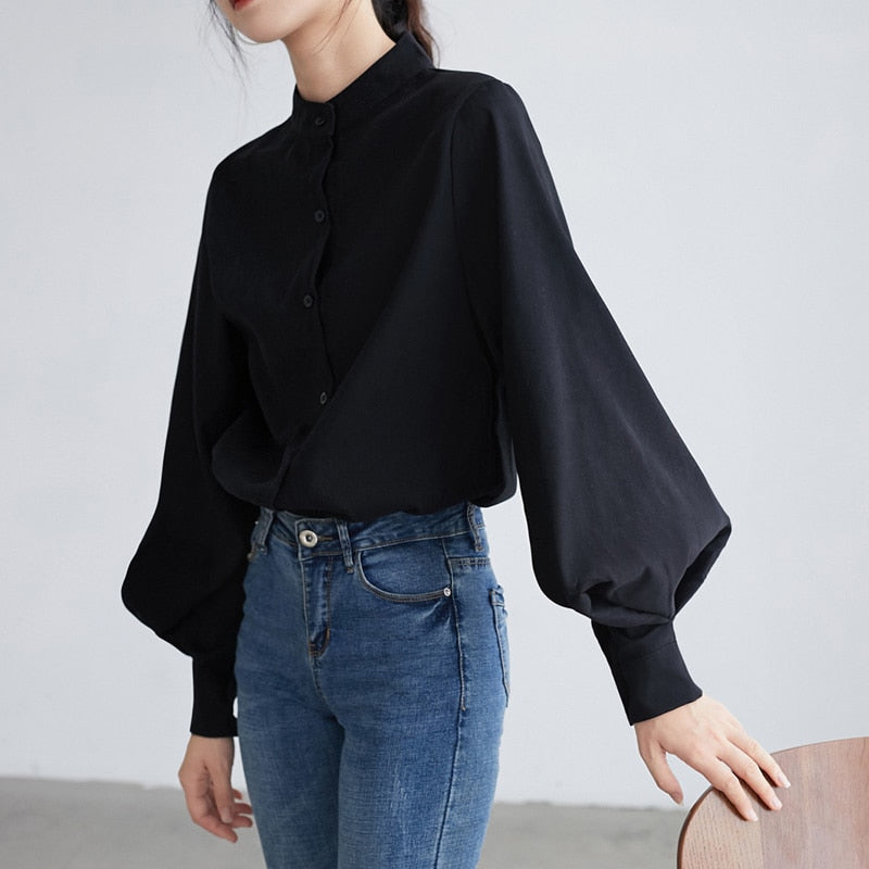 Mandarin Collar Lantern Sleeve Blouse for Women