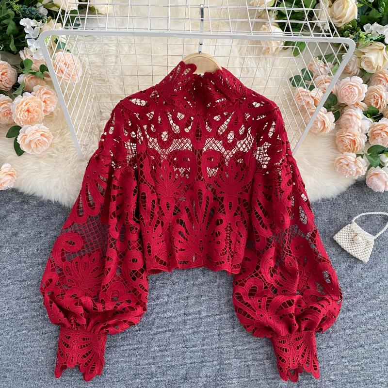 Women's Sheer Lace Puff Sleeve Crop Blouse