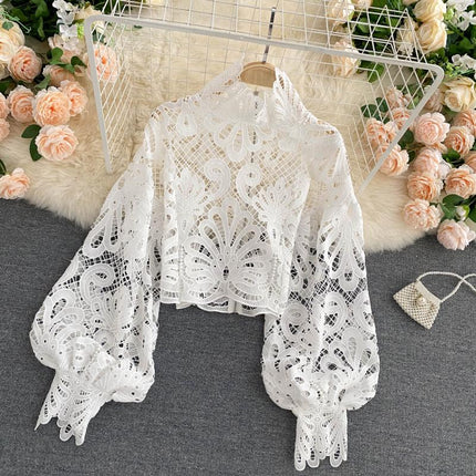 Women's Sheer Lace Puff Sleeve Crop Blouse - Wnkrs