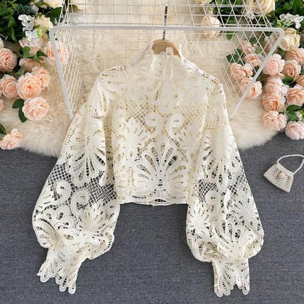 Women's Sheer Lace Puff Sleeve Crop Blouse - Wnkrs