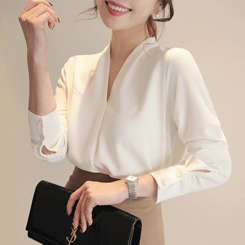 Office Chiffon Women's Blouse in Blue and Beige