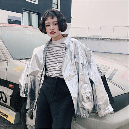 Loose Metallic Zipper Bomber for Women - Wnkrs