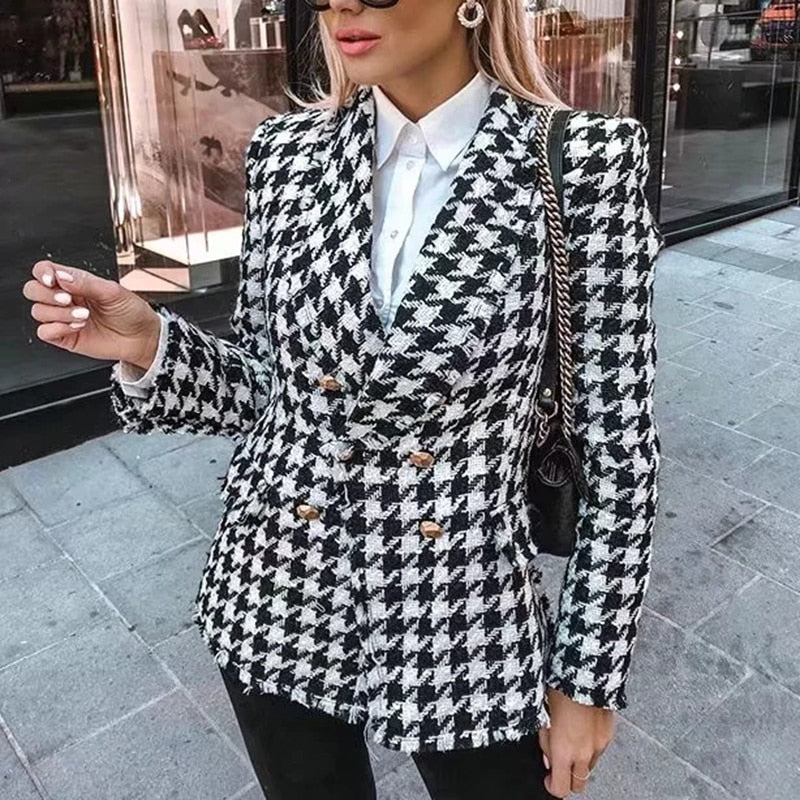 Women's Black / White Plaid Tweed Jacket