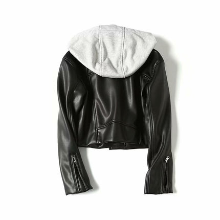 Black Women's Leather Jacket with Hood - Wnkrs