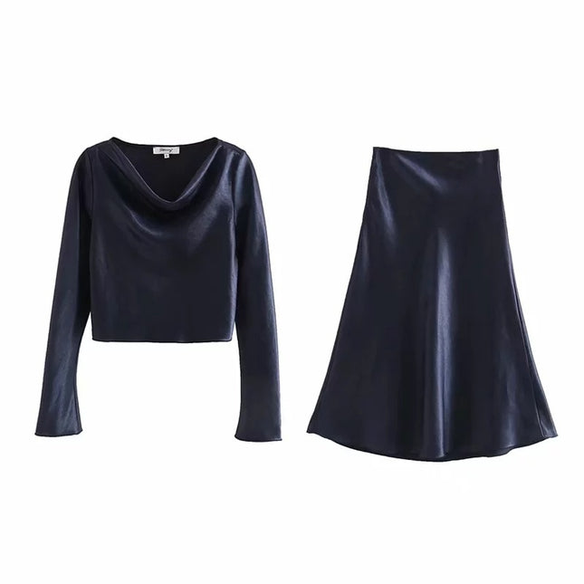 Women’s Elegant Silk Crop Top and Skirt 2 pcs Set - Wnkrs