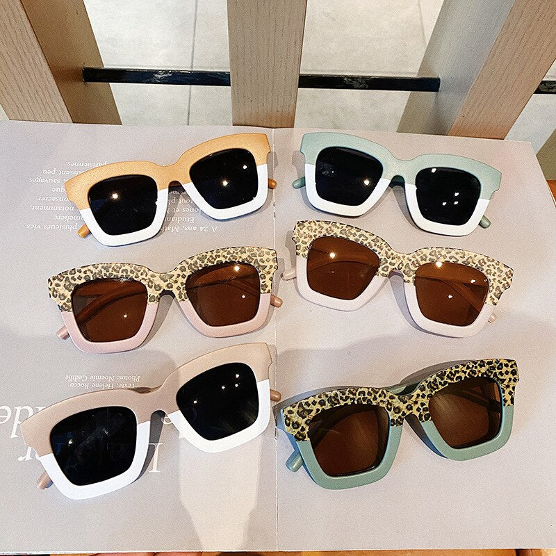 Retro Square Leopard Color-Block Sunglasses for Kids