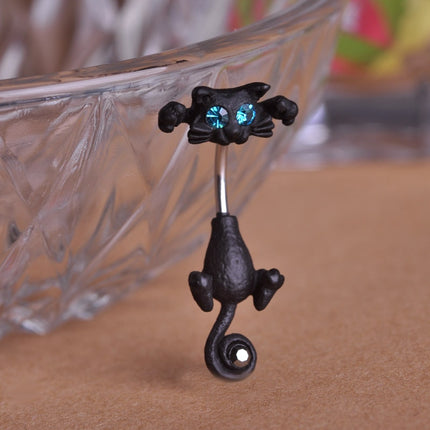 Cute Black Cat Shaped Jeweled Steel Belly Ring - Wnkrs