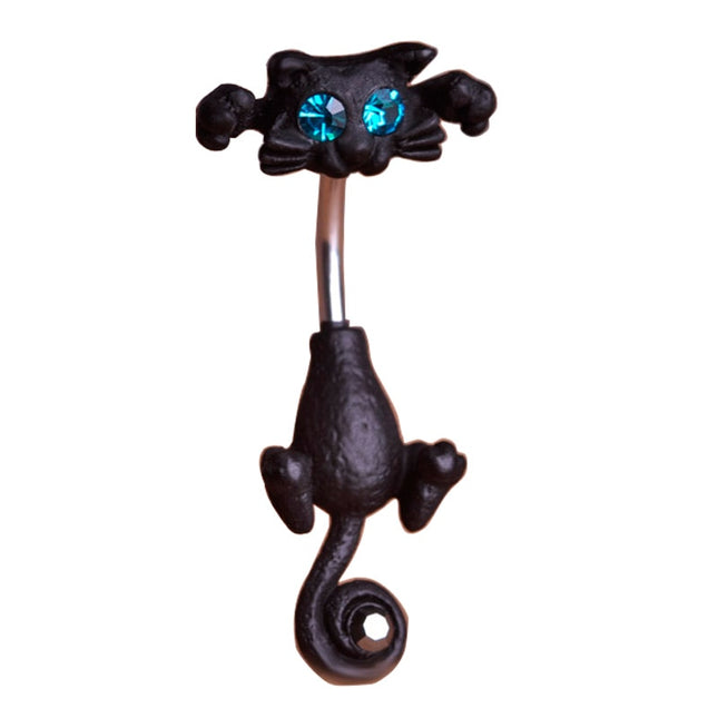 Cute Black Cat Shaped Jeweled Steel Belly Ring - Wnkrs