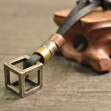 Leather Necklace for Men with Metal Cube Pendant - Wnkrs