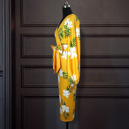 Yellow Floral Printed Bodycon Dress for Women - Wnkrs