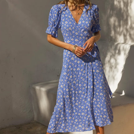 Women's Casual Floral Printed V-Neck Belted Slim Dress - Wnkrs