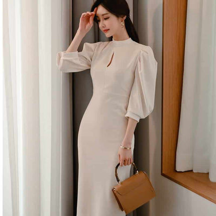 Women's Stand Collar Puff Sleeve White Dress - Wnkrs