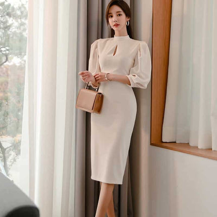 Women's Stand Collar Puff Sleeve White Dress - Wnkrs