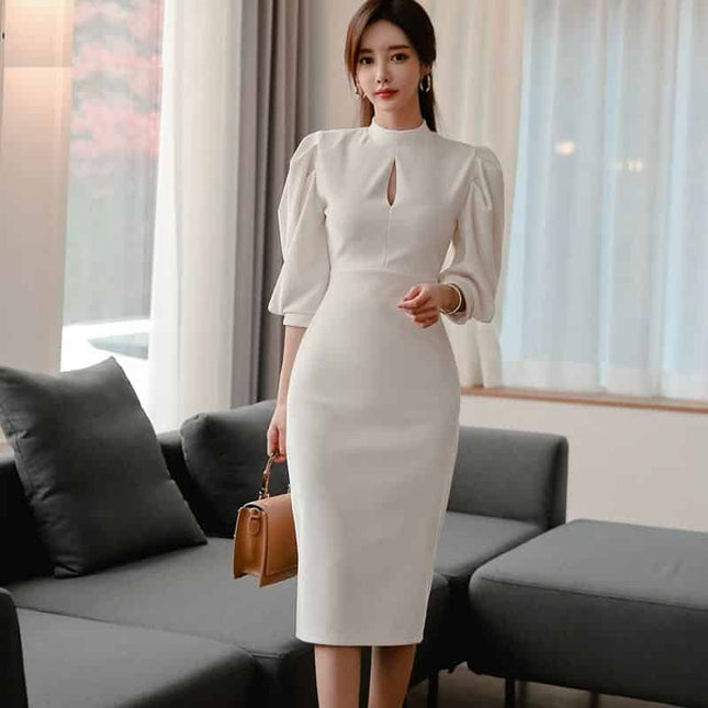 Women's Stand Collar Puff Sleeve White Dress - Wnkrs