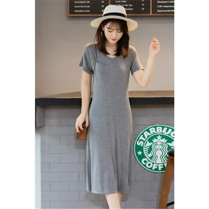 Women's Solid V-Neck Short Sleeved Summer T-Shirt Dress - Wnkrs