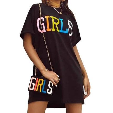 Women's Straight Dress with Girls Rainbow Letters Print - Wnkrs