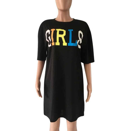 Women's Straight Dress with Girls Rainbow Letters Print - Wnkrs