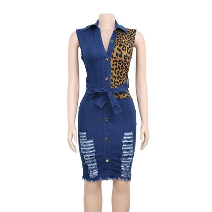 Women's Leopard Print Detail Denim Dress - Wnkrs