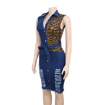 Women's Leopard Print Detail Denim Dress - Wnkrs