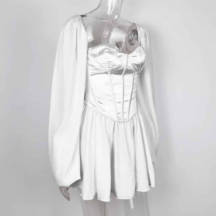 Women's Vintage Lantern Sleeve Satin Mini Dress - Wnkrs