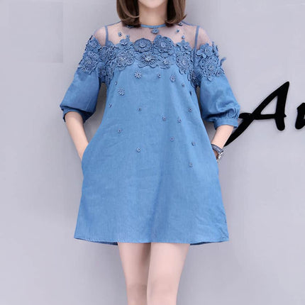 Women's Plus Size Denim Dress With Floral Embroidery - Wnkrs