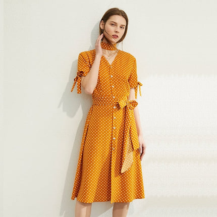 Women's Dot Printed V-Neck High Waist Dress - Wnkrs