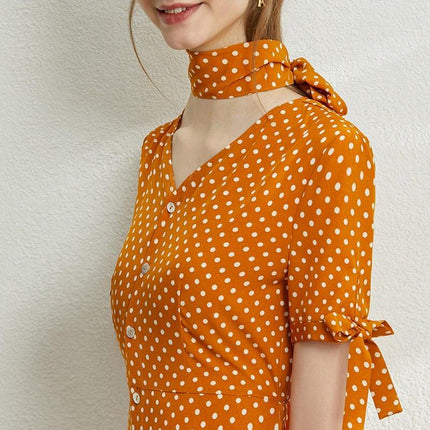 Women's Dot Printed V-Neck High Waist Dress - Wnkrs