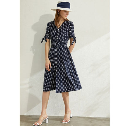 Women's Dot Printed V-Neck High Waist Dress - Wnkrs