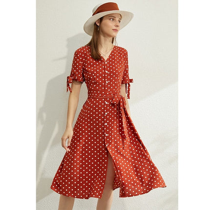 Women's Dot Printed V-Neck High Waist Dress - Wnkrs