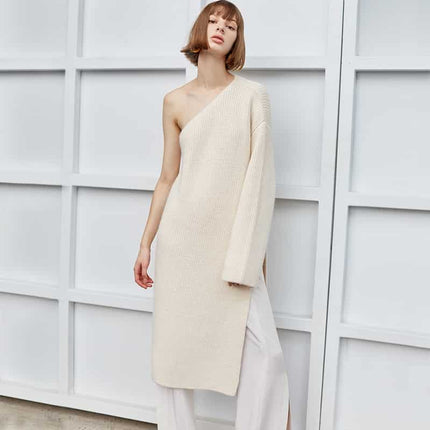Long Sleeve Knitted One Shoulder Sweater Dress - Wnkrs