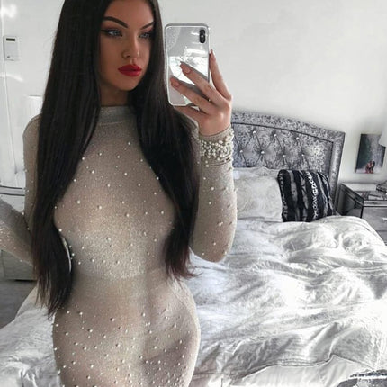 Women's Long Sleeved Beaded Round Neck Dress - Wnkrs