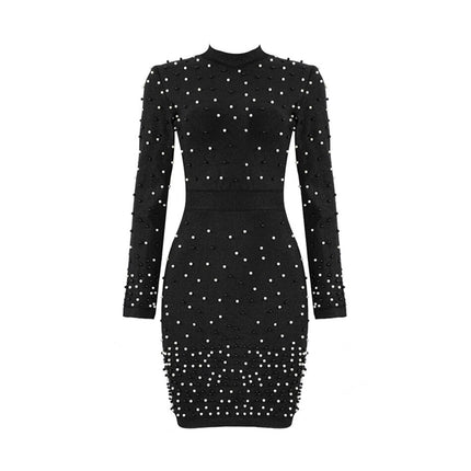 Women's Long Sleeved Beaded Round Neck Dress - Wnkrs